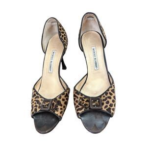 Manolo Blahnik Animal Print Pony Hair Buckle Heels Size 40